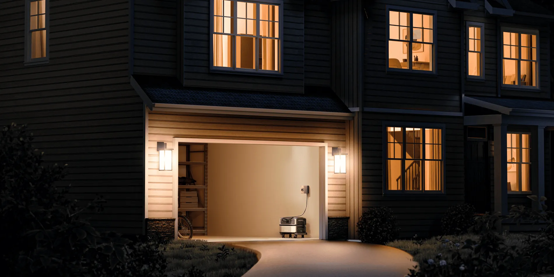 Casa iluminada à noite durante uma queda de energia na região, com o DELTA Pro Ultra na garagem